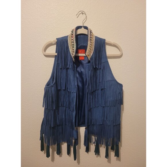 Vtg Faux Suede Fringe Tassel Studded Vest 70s Hippie Indie Concho Wmn L Western - Picture 1 of 11